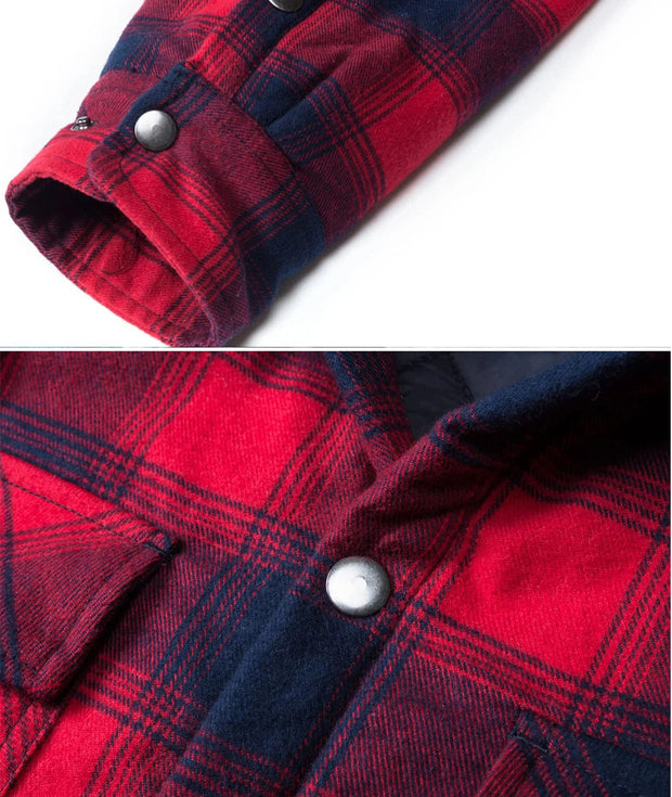 Close-up of a red and blue plaid shirt with buttons