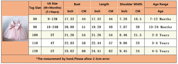Size chart for children's clothing with measurements in inches and centimeters.