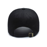 Black baseball cap with a gold buckle on a white background