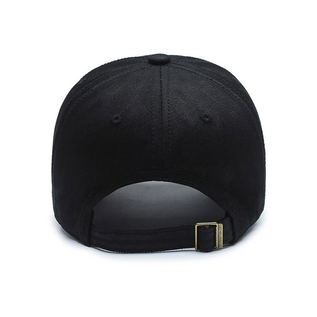 Black baseball cap with a gold buckle on a white background