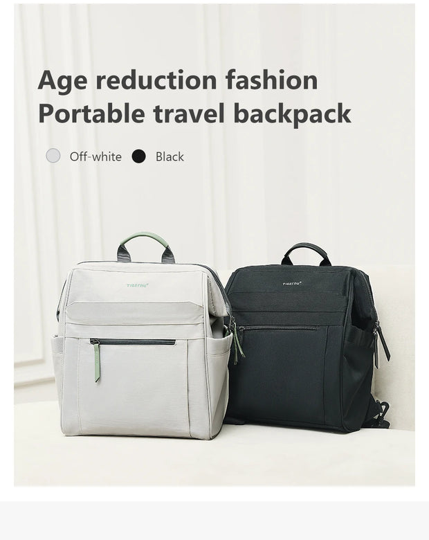 Two travel backpacks, one white and one black, on a light background with text about age reduction fashion.