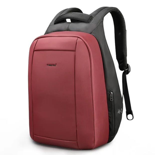 Red and black backpack on a white background