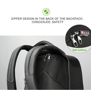 Black backpack with zipper design in the back, featuring a safe padlock on a gray background.