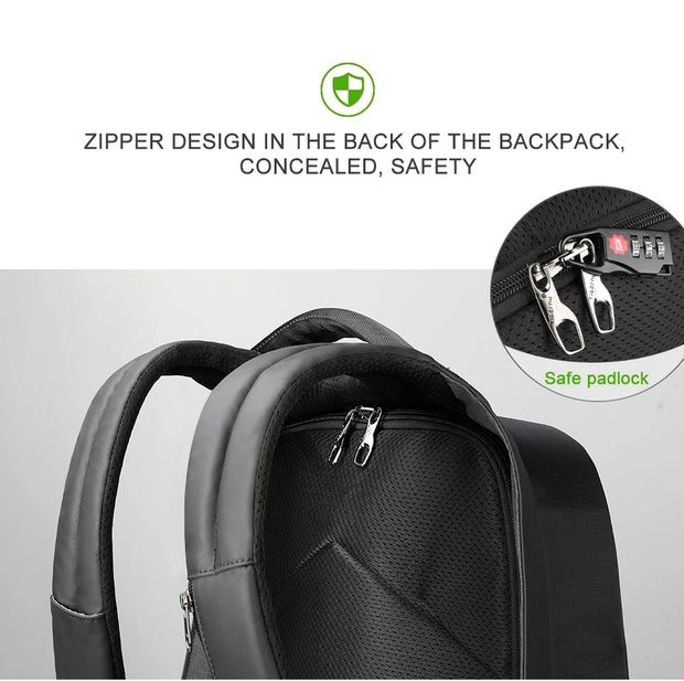 Black backpack with zipper design in the back, featuring a safe padlock on a gray background.