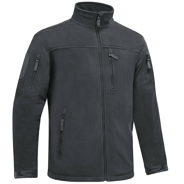 Dark gray tactical jacket with multiple pockets and zippers on a white background
