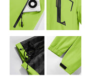 Green jacket with zipped pocket, waterproof chest pocket, adjustable hem, and elastic cuffs on a white background.