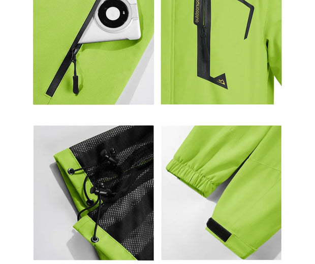 Green jacket with zipped pocket, waterproof chest pocket, adjustable hem, and elastic cuffs on a white background.
