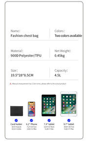 Product details of a fashion chest bag including model number, material, size, capacity, and dimensions.