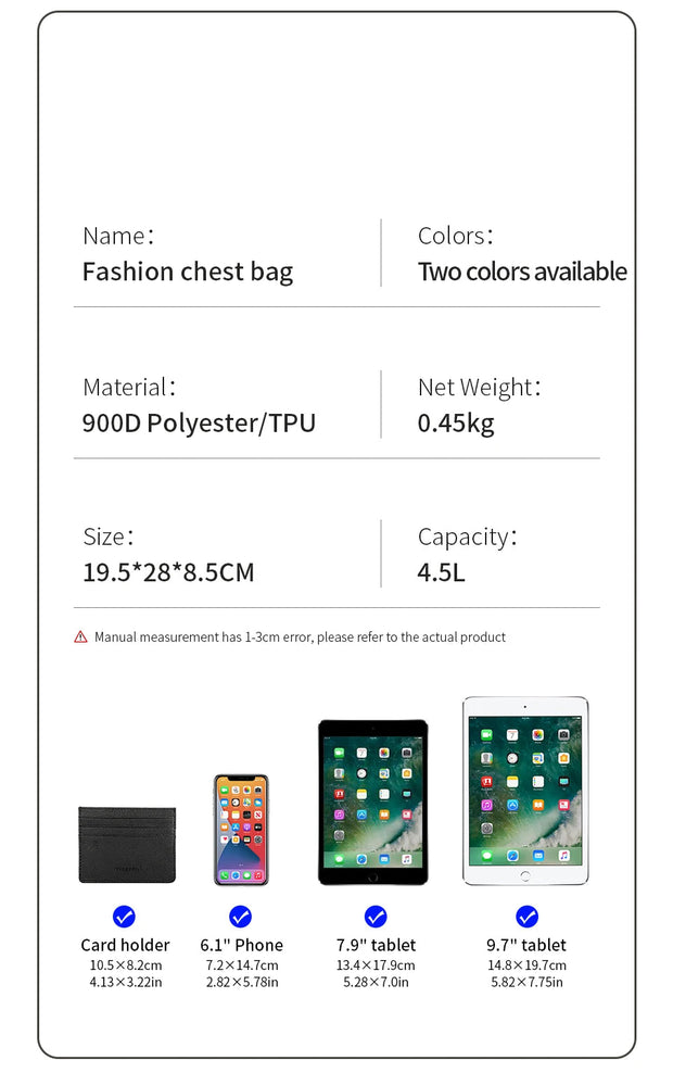 Product details of a fashion chest bag including model number, material, size, capacity, and dimensions.