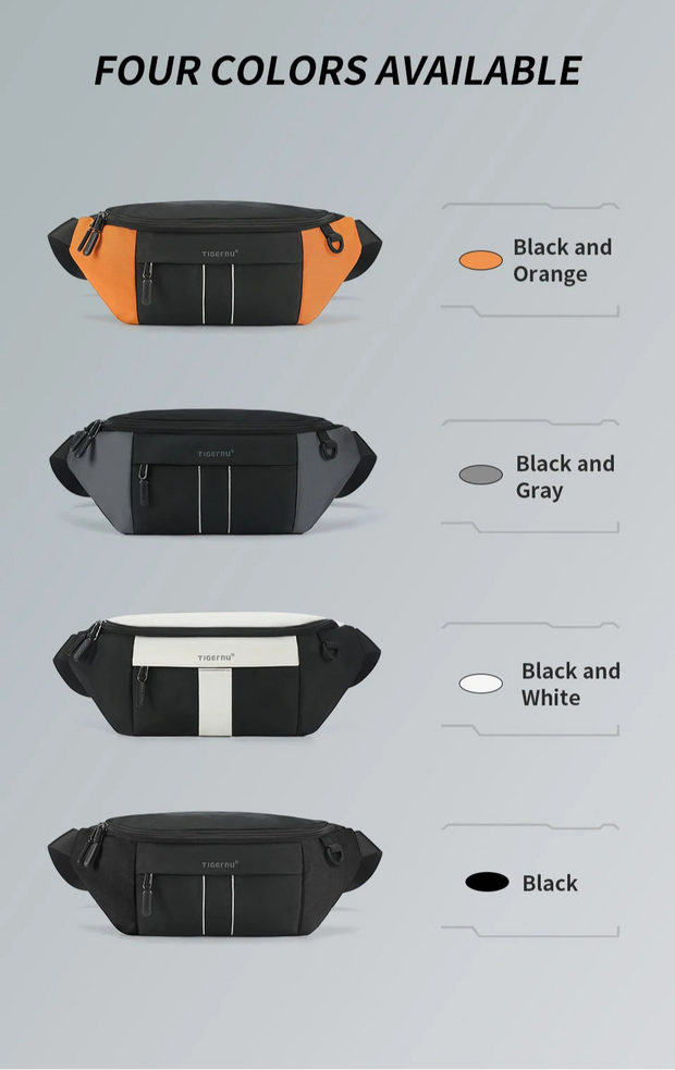 Fanny pack display with four color options on a gray background