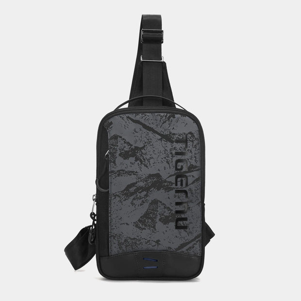 Black and gray camouflage sling bag on a light gray background