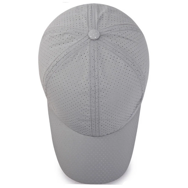 Gray baseball cap with perforated design on a white background