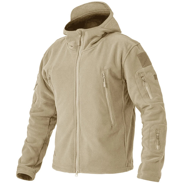Tan tactical jacket with multiple pockets and zippers on a white background