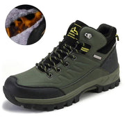 Green hiking boot with black sole on a white background, inset showing fur lining.