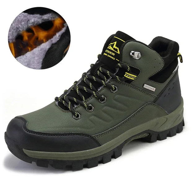 Green hiking boot with black sole on a white background, inset showing fur lining.