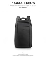 Black backpack on a white background with text about its design and features.