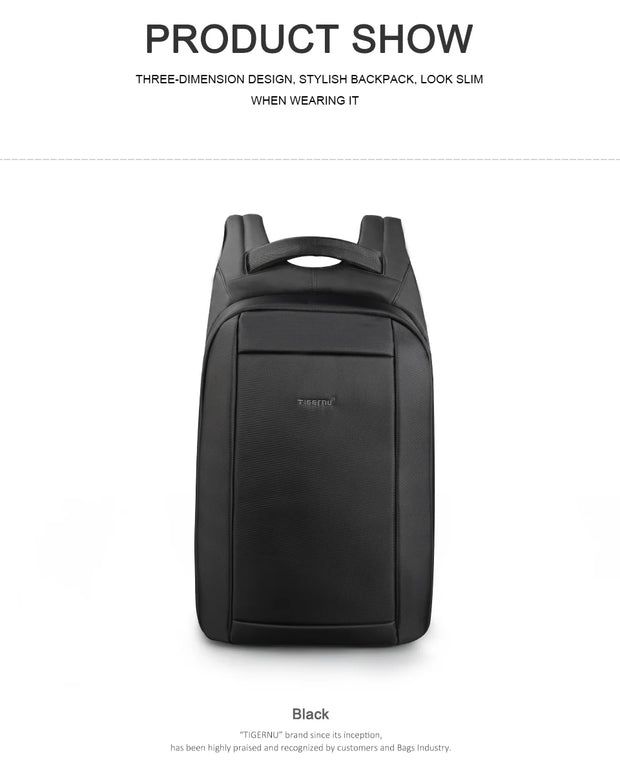Black backpack on a white background with text about its design and features.