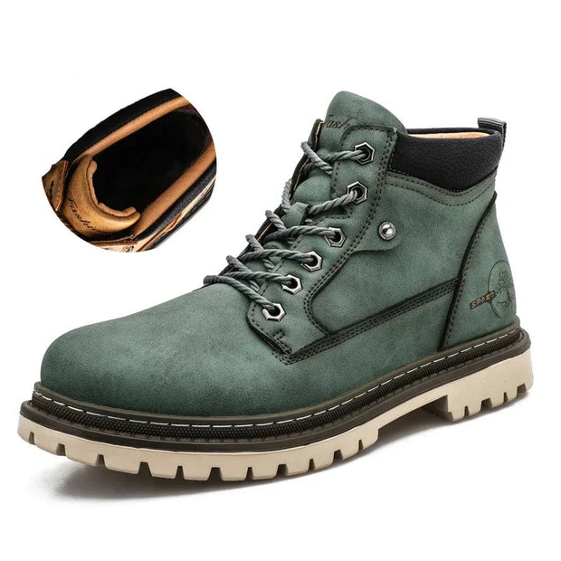 Green boot with a close-up of the sole on a white background