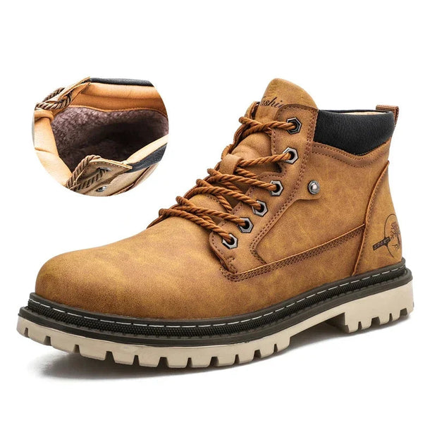 Brown boot with fur lining on a white background