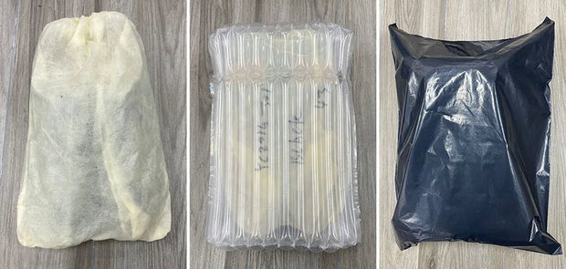 Three different packaging methods on a wooden surface