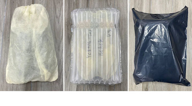 Three different types of packaging materials on a wooden surface.