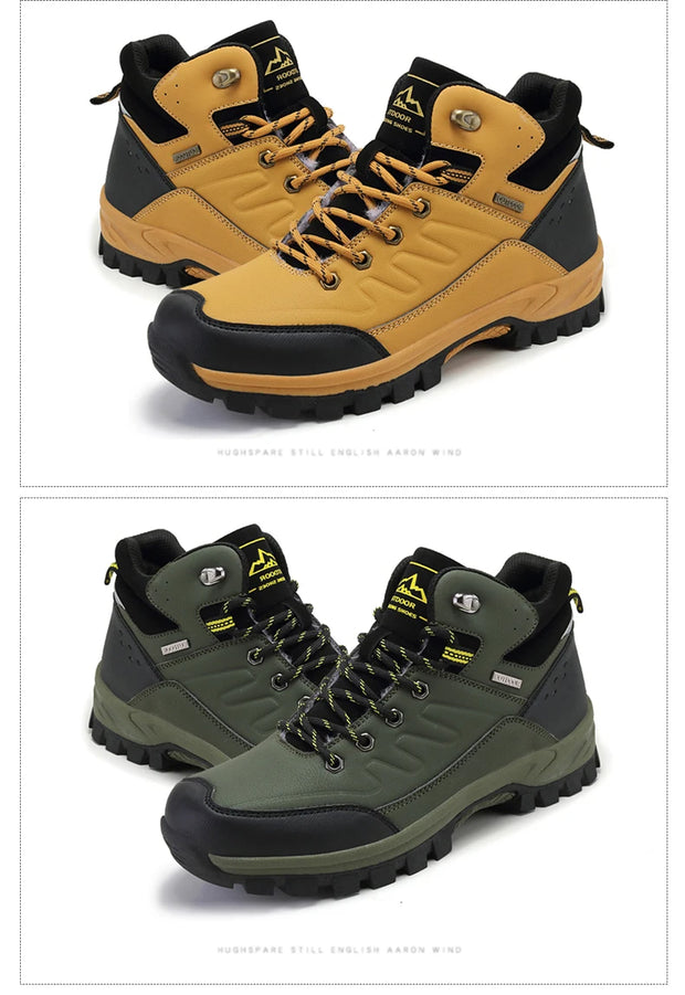 Pair of yellow hiking boots and a pair of green hiking boots on a white background.