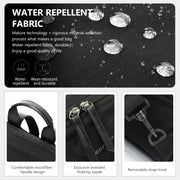 Water repellent fabric feature with product details on a black background