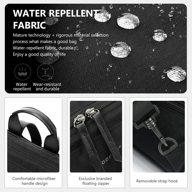 Water repellent fabric feature with product details on a black background