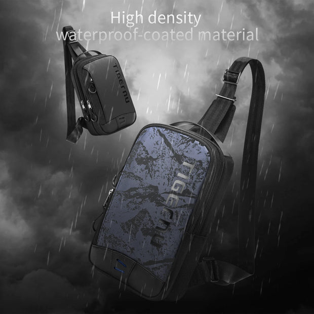 Black backpack with visible brand logo on a dark, rainy background