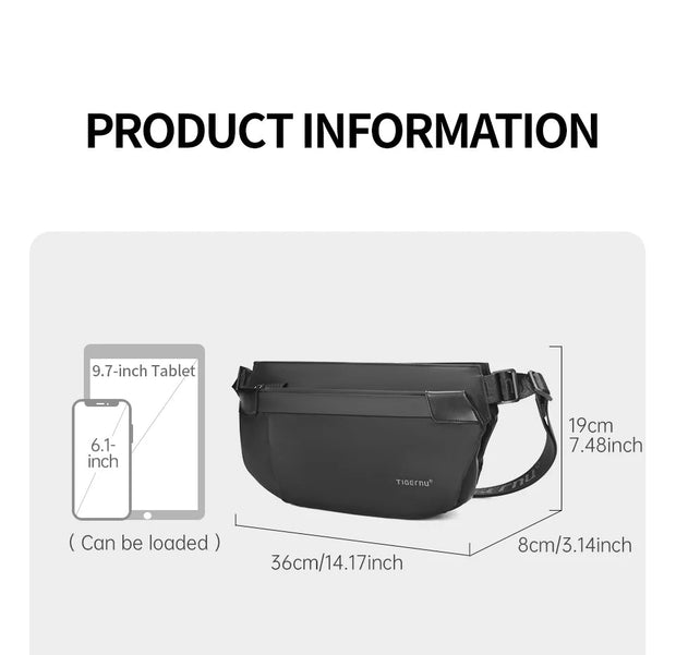 Black waist bag with dimensions and compatibility information on a white background