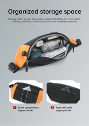 waist bag with organized storage space on a gray background