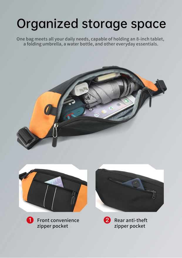 waist bag with organized storage space on a gray background