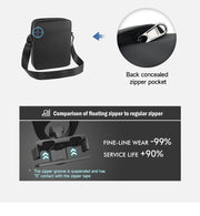 Black bag with back concealed zipper pocket and comparison of floating zipper to regular zipper on a white background.