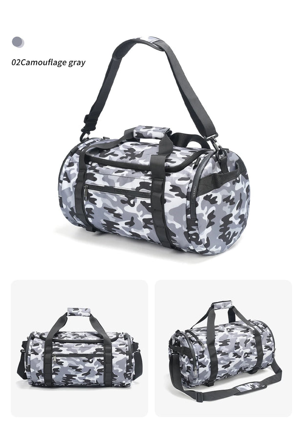 Camouflage gray duffel bag with black straps on a white background
