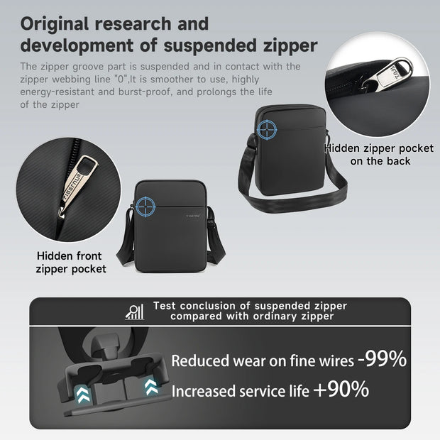 Black crossbody bag with features highlighted, including hidden front and back zipper pockets, on a light gray background.
