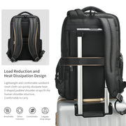 Black backpack with rolling handle on a white background, featuring text about load reduction and heat dissipation design.