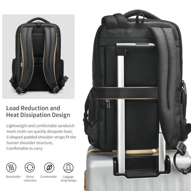 Black backpack with rolling handle on a white background, featuring text about load reduction and heat dissipation design.
