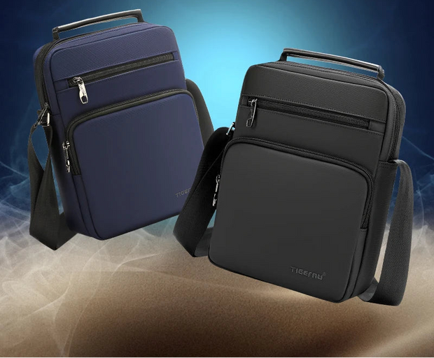 Two bags, one blue and one black on a gradient background.