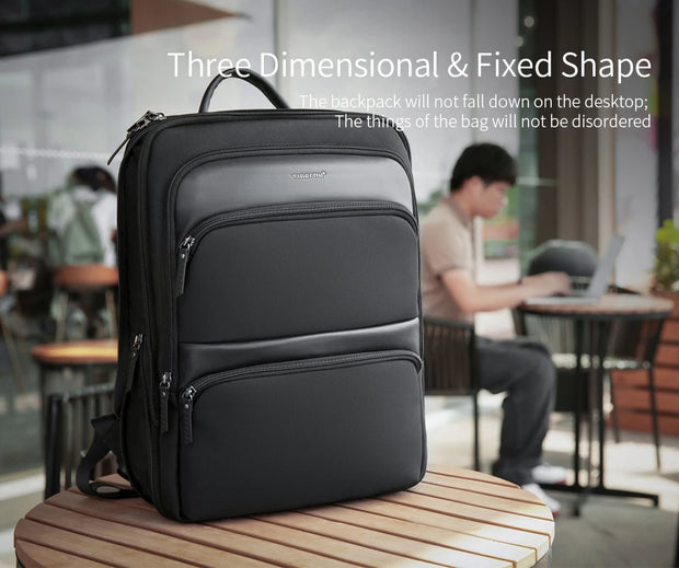 Black backpack on a wooden table with blurred people in the background