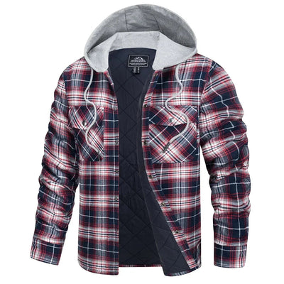 Plaid jacket with gray hood and black quilted panel on a white background