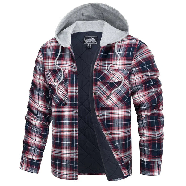 Plaid jacket with gray hood and black quilted panel on a white background