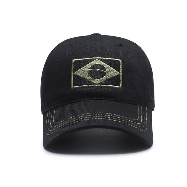 Black cap with a gold logo on a white background