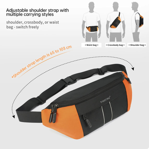 Orange and black waist bag with adjustable shoulder strap, shown in various carrying styles.