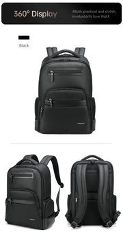Black backpack shown from multiple angles on a white background with text about a 360-degree display.
