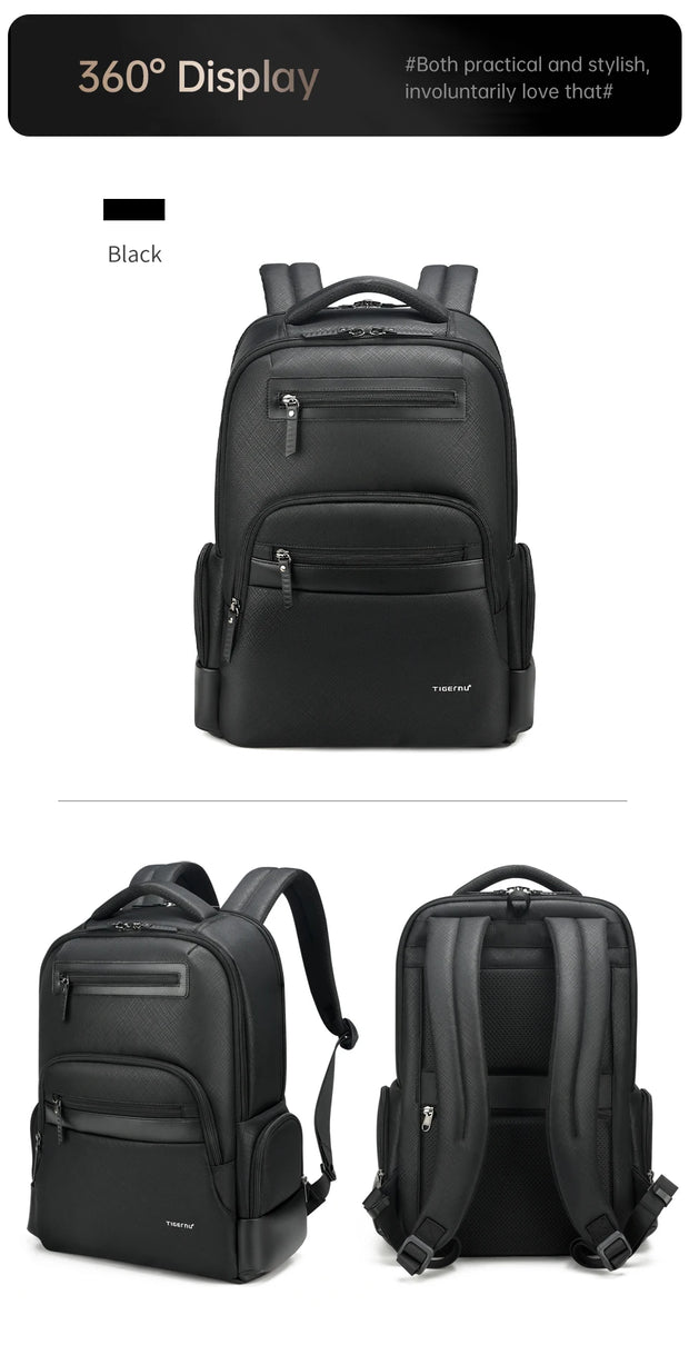 Black backpack shown from multiple angles on a white background with text about a 360-degree display.