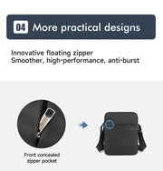 Black bag with front concealed zipper pocket and innovative floating zipper feature on a white background.