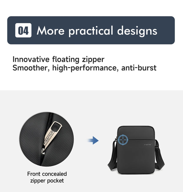 Black bag with front concealed zipper pocket and innovative floating zipper feature on a white background.