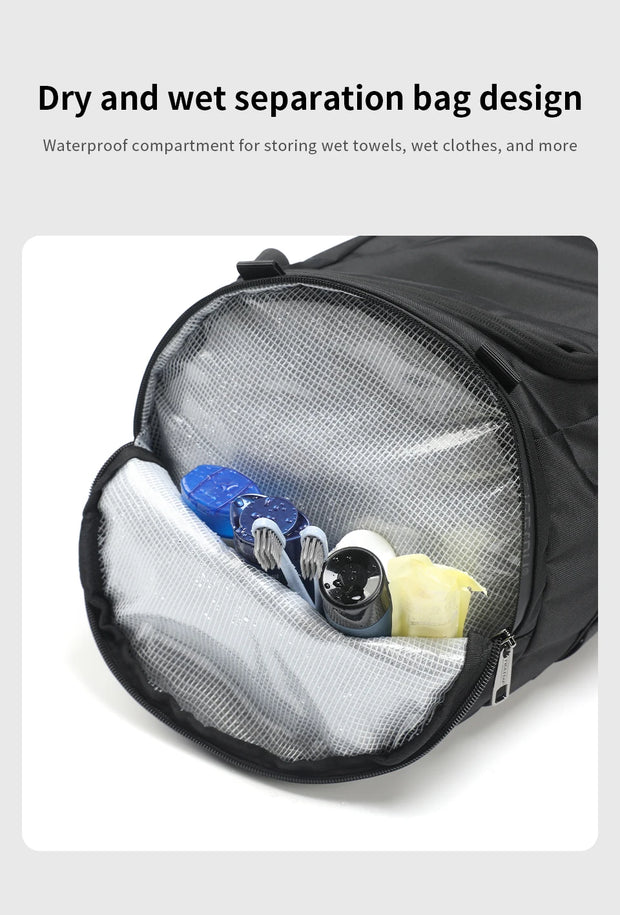 Dry and wet separation bag with waterproof compartment for storing wet towels and clothes.