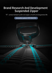 Close-up of a zipper mechanism with text about brand research and development on a dark background