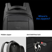 Black backpack with hidden zipper and anti-theft lock feature 
